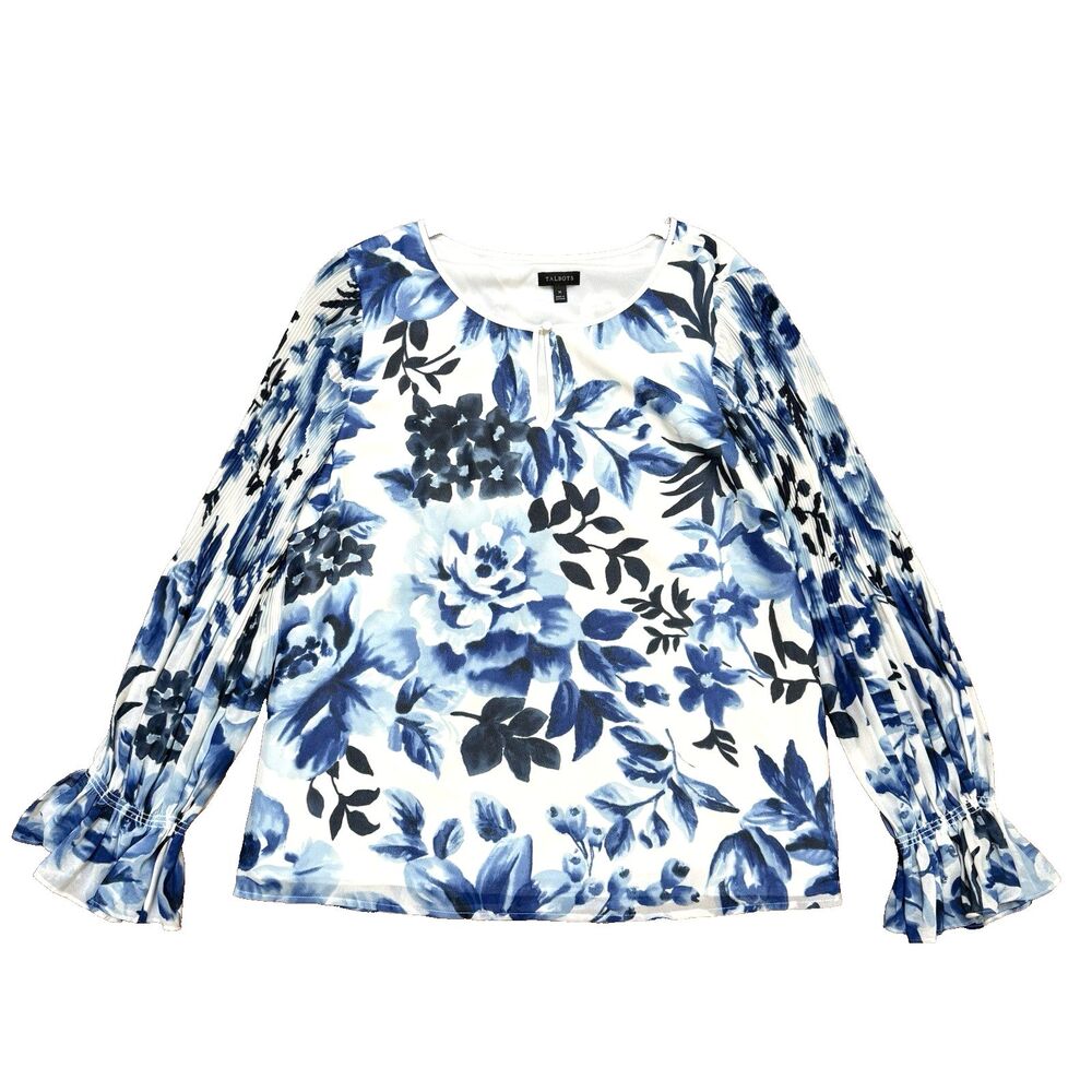 Talbots M Blue Floral Dressy Top Pleat Sleeve Blouse Lined Flowy Office Business